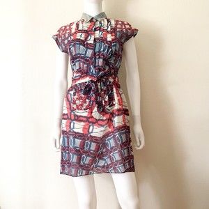 Dries Van Noten Cotton Mini Shirt Dress 36 US 4 Belt Blue Red White Chain Print